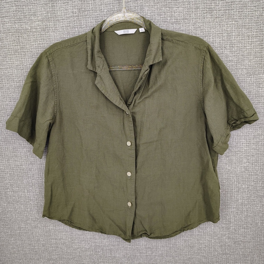 Uniqlo Short Sleeve Button Up Top Women Small Green Linen Blend Flowy Boho